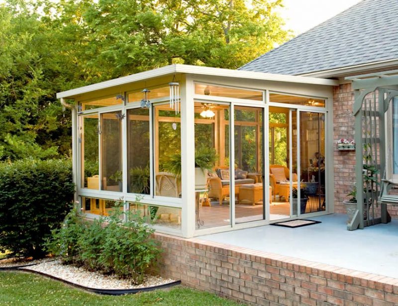 outdoor kitchen glass wall sunroom